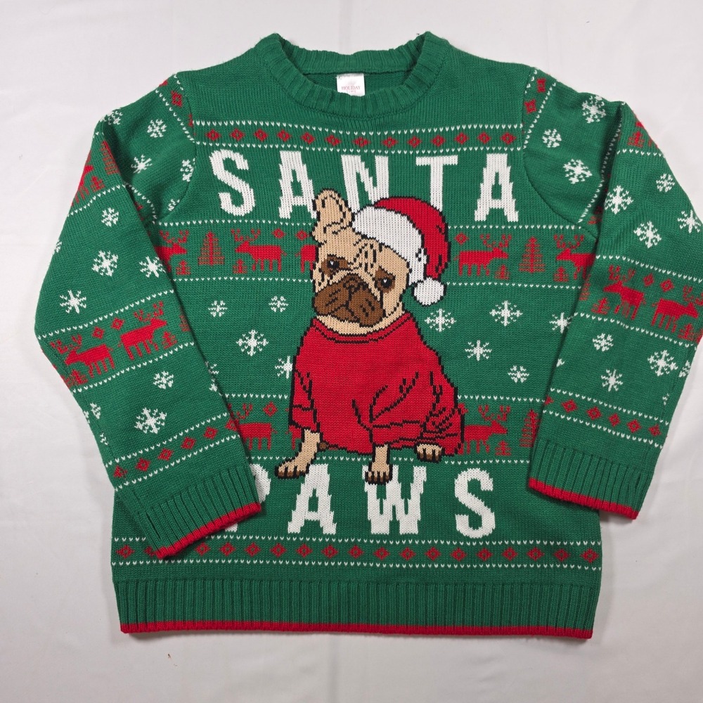 Santa Paws Frenchie French Bulldog Christmas Sweater Green Fair Isle L 10-12‎